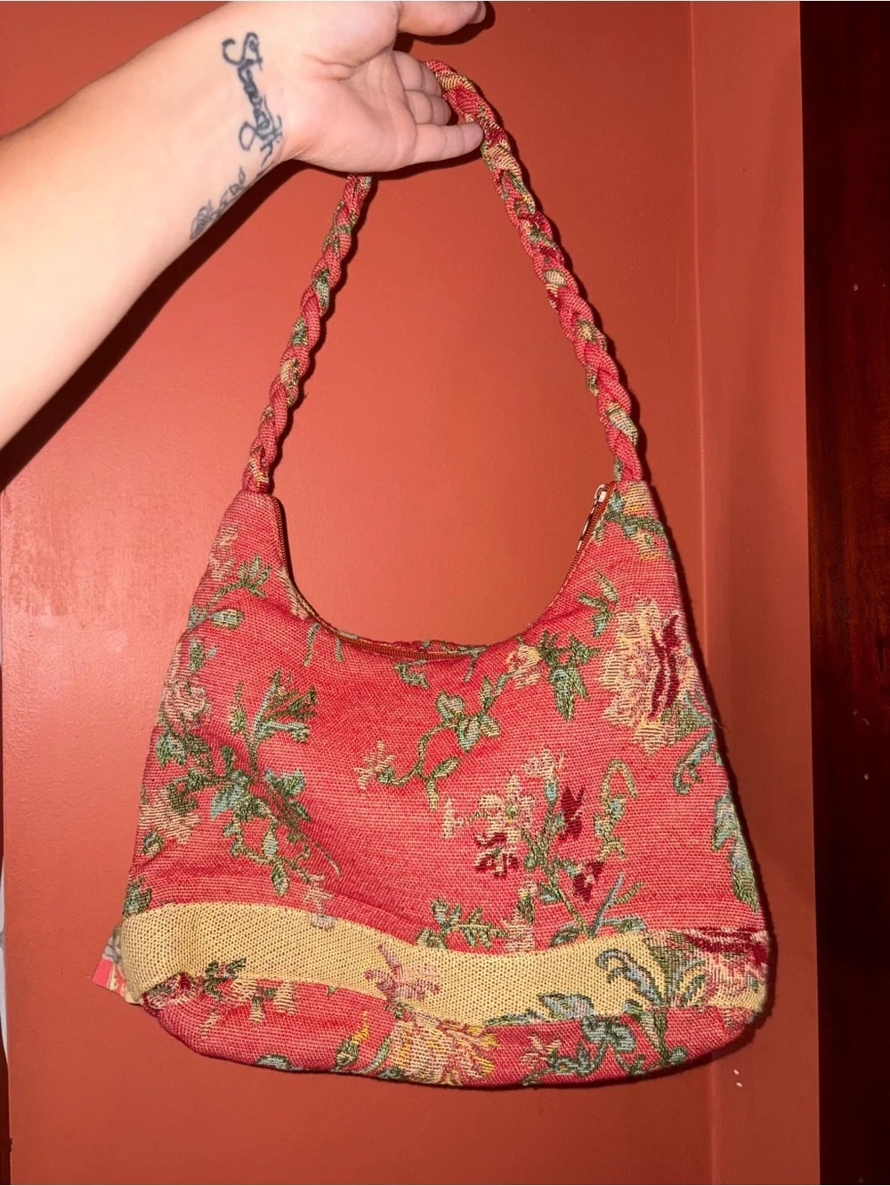 Vintage April Cornell Isabellas Journey floral tapestry bag with braided strap